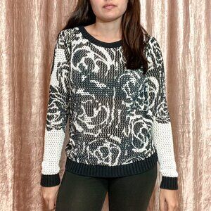 Chelsea28 Open Knit Black & White Rose Sweater